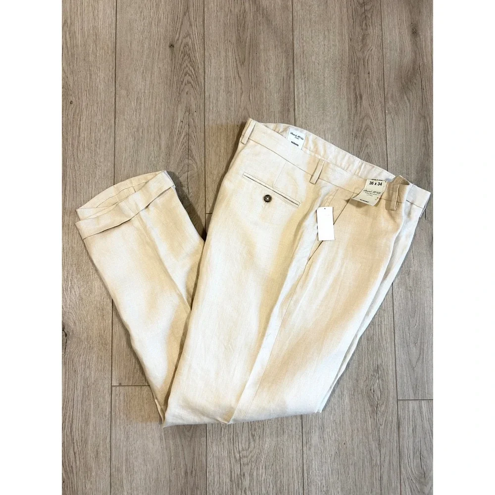 Murano Baird McNutt Irish Linen Herringbone Pants Mens 36x34 Beige Cuffed New
